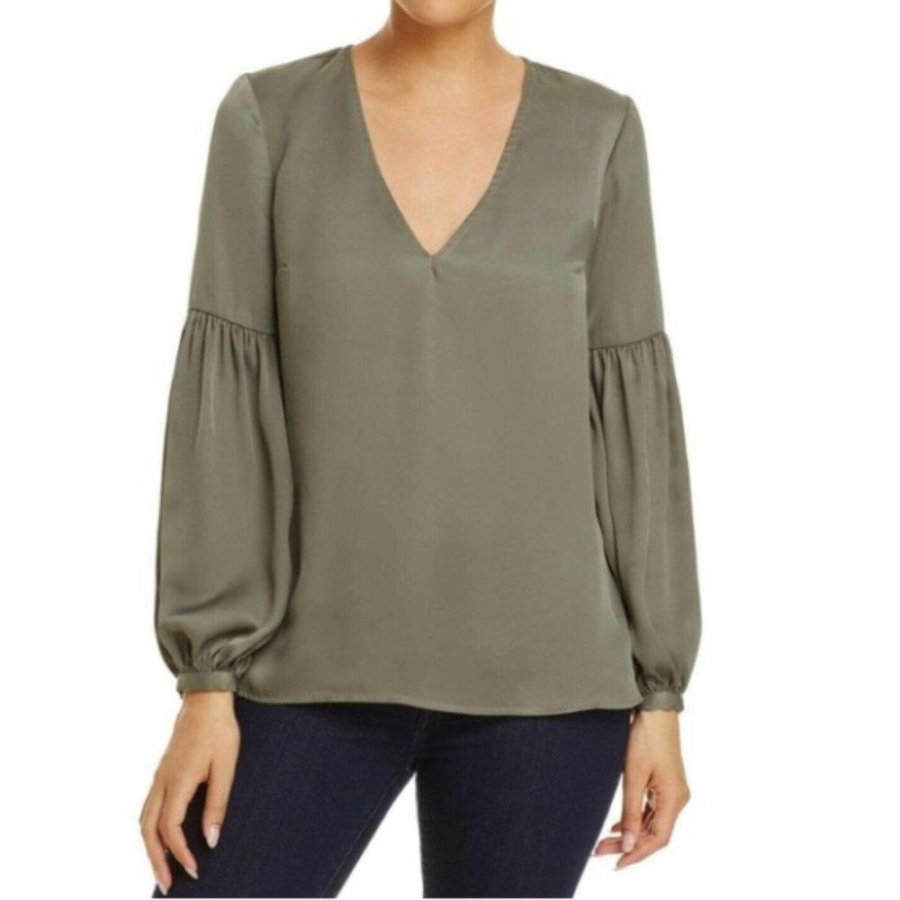 Revolve L'Academie Maya Blouse Olive Green V-Neck Long Sleeve Size Medium